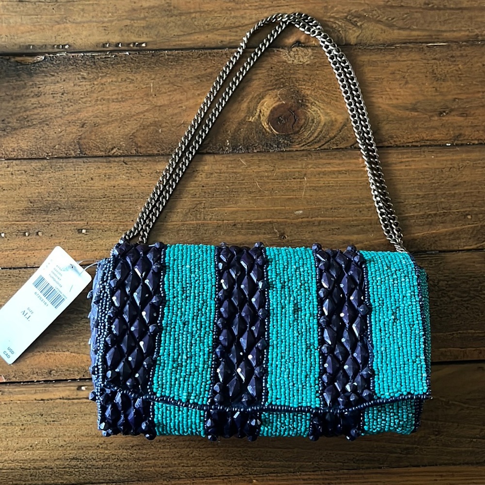 Anthropologie | Teal and Navy Beaded Crossbody or Shoulder Bag w/ Chain Strap